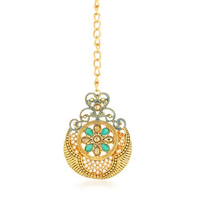 Sukkhi Marvellous Gold Plated Mint Meena Collection Chandelier Earring & MaangTikka for Women