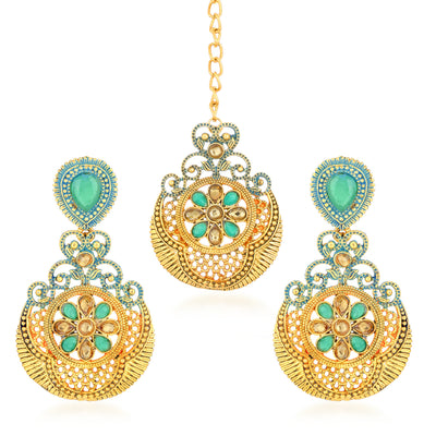 Sukkhi Marvellous Gold Plated Mint Meena Collection Chandelier Earring & MaangTikka for Women