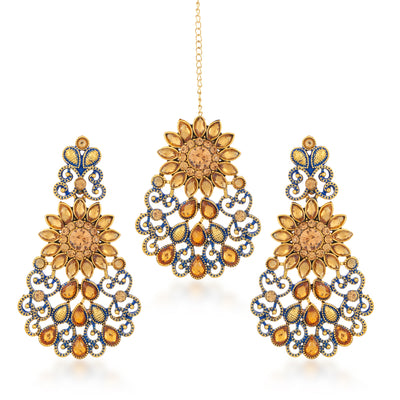 Sukkhi Modern Gold Plated LCT Stone Chandelier Earring & MaangTikka for Women