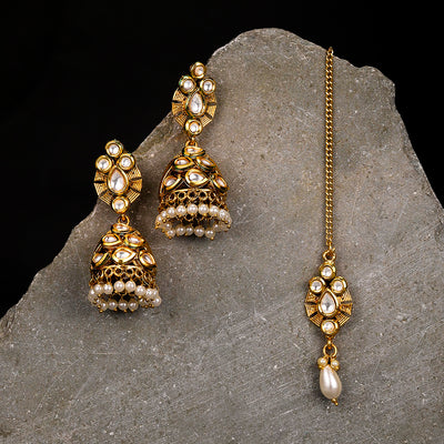 Sukkhi Fashionable Gold Plated Jhumki Earring and Maangtikka Set for Women