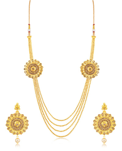 Sukkhi Attractive Round Shaped 4 String Gold Plated Necklace set for women