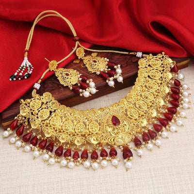 Sukkhi Ravishing Gold Plated Red And White Choker Necklace Set For Women