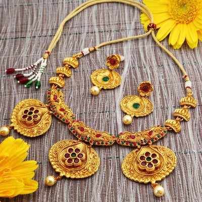 Sukkhi Estonish Gold Plated Red And Green Stone Necklace Set