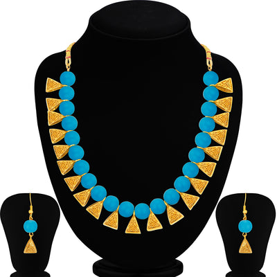 Sukkhi Shimmering Gold plated Sky Blue Necklace Set for Women