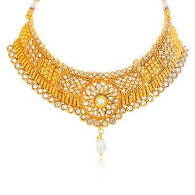Sukkhi Fascinating Gold Plated Kundan and Pearl Choker Necklace Set for Women