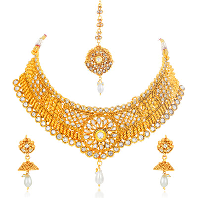 Sukkhi Fascinating Gold Plated Kundan and Pearl Choker Necklace Set for Women