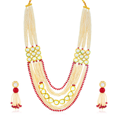 Sukkhi Stylish Gold Plated Kundan and Pearl Long Haram Necklace Set for Women