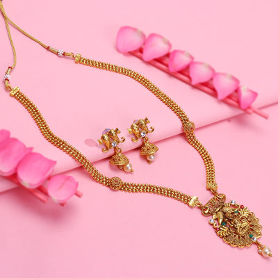 Sukkhi Gleaming Gold Plated Goddess Long Haram Necklace Set For Women