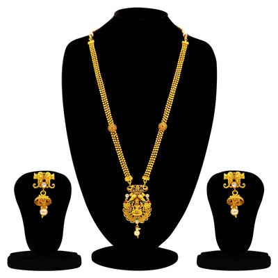 Sukkhi Gleaming Gold Plated Goddess Long Haram Necklace Set For Women