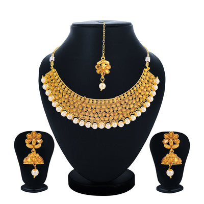 Sukkhi Shimmering Gold Plated Pearl and LCTChoker Necklace Set for Women