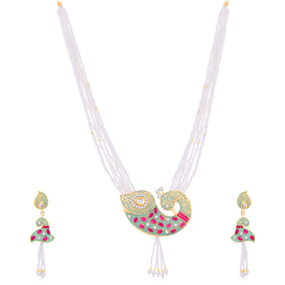 Sukkhi Incredible Kundan Gold Plated Peacock Mint Collection Pearl Necklace Set For Women