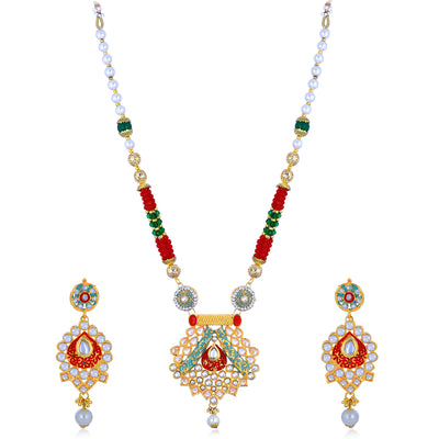 Sukkhi Glistening Pearl Gold Plated Mint Meena Collection Kundan Necklace Set For Women