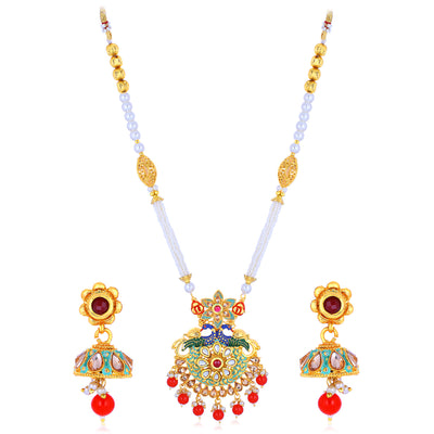 Sukkhi Marvellous Pearl Gold Plated Peacock Mint Meena Collection Kundan Necklace Set For Women