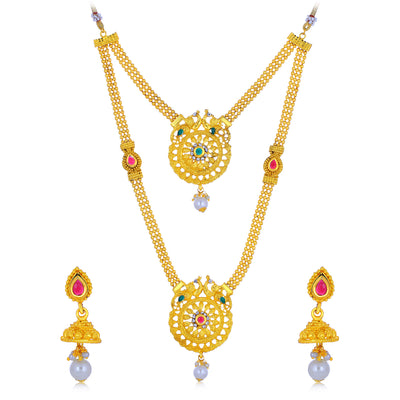 Sukkhi Glimmery Gold Plated Pearl Long Haram Necklace Set For Women