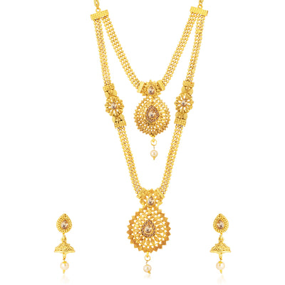 Sukkhi Glamorous Gold Plated Long Haram Floral String Necklace Set for Women