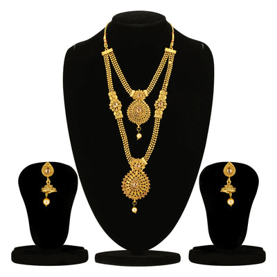 Sukkhi Glamorous Gold Plated Long Haram Floral String Necklace Set for Women