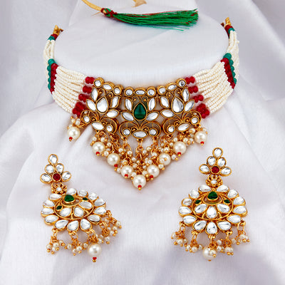 Sukkhi Glorious Pearl Gold Plated Kundan Choker Necklace Set for Women