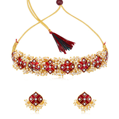 Sukkhi Incrediable Gold Plated Pearl Meenakari Choker Necklace Set for Women