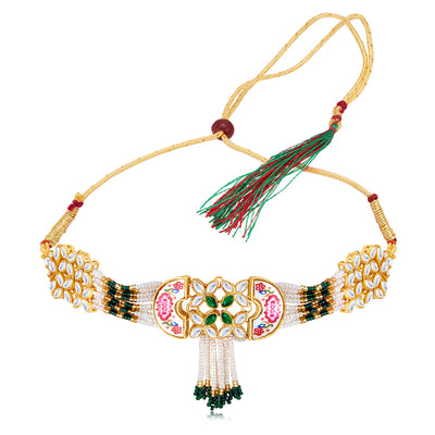 Sukkhi Amazing Pearl Gold Plated Kundan Meenakari Choker Necklace Set for Women