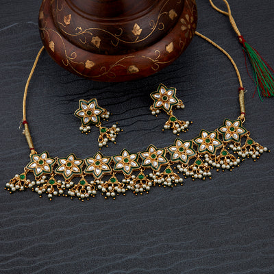 Sukkhi Floral Pearl Gold Plated Kundan Choker Necklace Set for Women