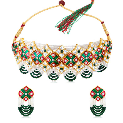 Sukkhi Lovely Pearl Gold Plated Kundan Meenakari Choker Necklace Set for Women