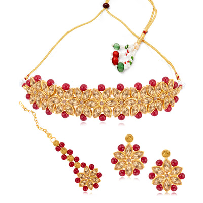 Sukkhi Bright Maroon Gold Plated LCT & Pearl Choker Necklace Set for Women