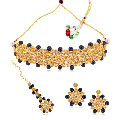 Sukkhi Royal Blue Gold Plated LCT & Pearl Choker Necklace Set for Women