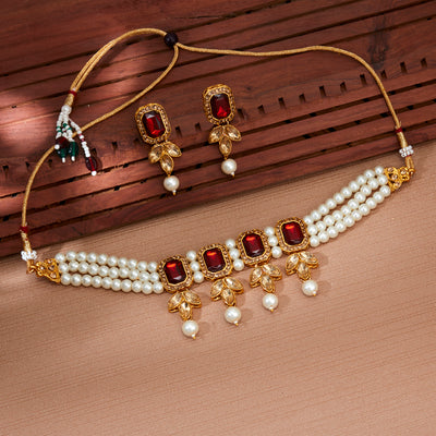 Sukkhi Fine Gold Plated LCT & Pearl Choker Necklace Set for Women