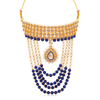 Sukkhi Elegant Gold Plated Blue Pearl Choker Necklace Set for Women