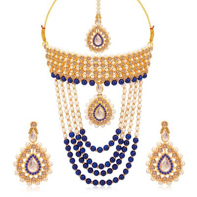 Sukkhi Elegant Gold Plated Blue Pearl Choker Necklace Set for Women