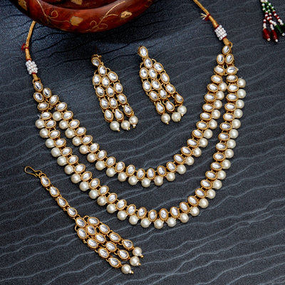 Sukkhi Shimmering Gold Plated Kundan & Pearl Long Haram Necklace Set for Women