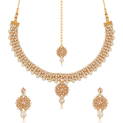 Sukkhi Traditional Gold Plated Kundan & Pearl Choker Necklace Set for Women