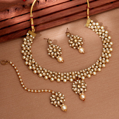 Sukkhi Traditional Gold Plated Kundan & Pearl Choker Necklace Set for Women