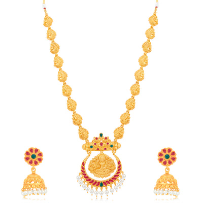 Sukkhi Traditional Gold Plated Goddess Long Haram Temple Necklace Set For Women