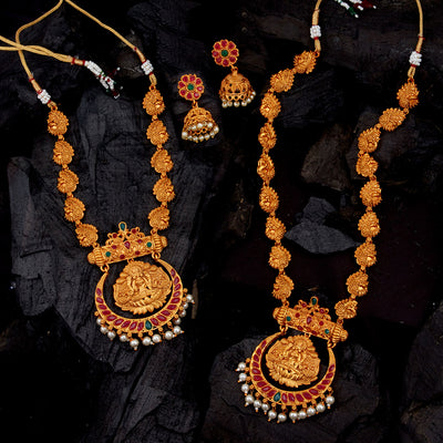 Sukkhi Traditional Gold Plated Goddess Long Haram Temple Necklace Set For Women