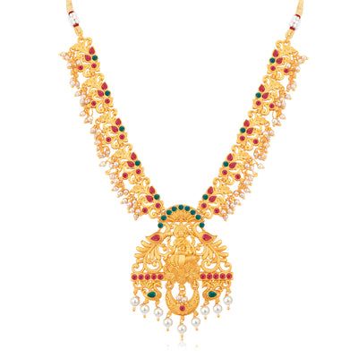 Sukkhi Classic Pearl Gold Plated Goddess Long Haram Temple Necklace Set for Women