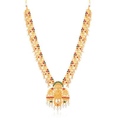 Sukkhi Classic Pearl Gold Plated Goddess Long Haram Temple Necklace Set for Women