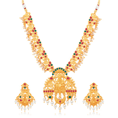 Sukkhi Classic Pearl Gold Plated Goddess Long Haram Temple Necklace Set for Women