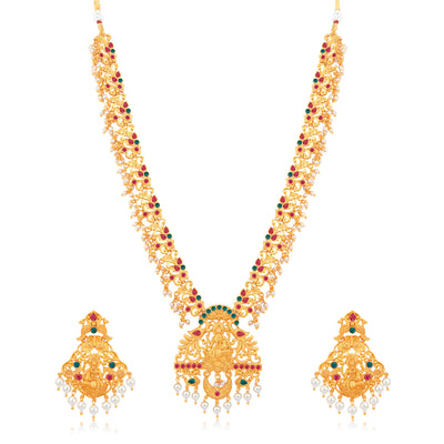 Sukkhi Classic Pearl Gold Plated Goddess Long Haram Temple Necklace Set for Women