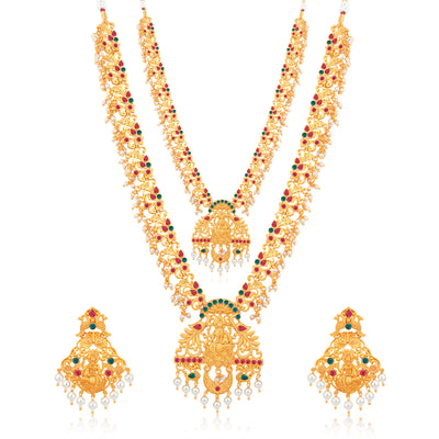 Sukkhi Classic Pearl Gold Plated Goddess Long Haram Temple Necklace Set for Women