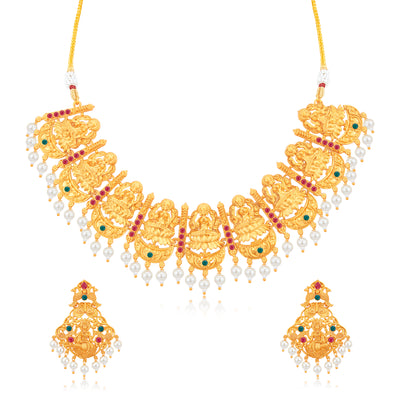 Sukkhi Ethnic Pearl Gold Plated Goddess Choker & Long Haram Temple Necklace Set for Women