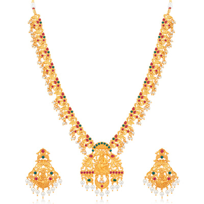Sukkhi Ethnic Pearl Gold Plated Goddess Choker & Long Haram Temple Necklace Set for Women