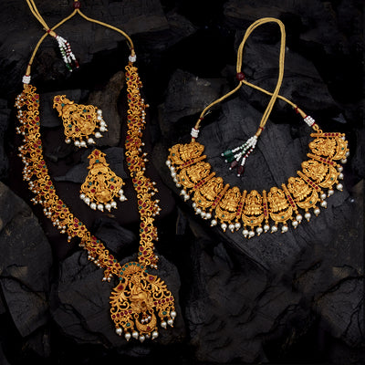 Sukkhi Classic Pearl Gold Plated Goddess Long Haram Temple Necklace Set for Women