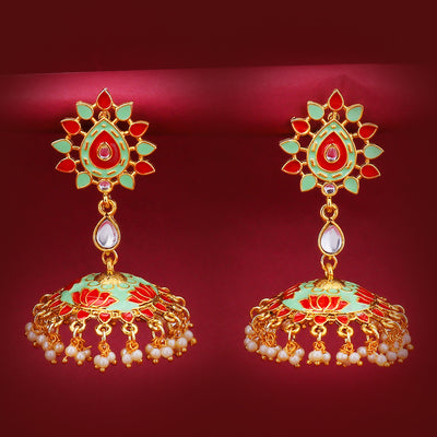 Sukkhi Marvellous Gold Plated Lotus Meenakari Jhumki Earring for Women