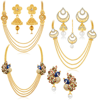 Sukkhi Glorious Pearl Gold Plated Kundan Peacock Meenakari Set of 6 Necklace Combo for Women