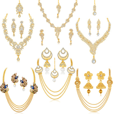 Sukkhi Glorious Pearl Gold Plated Kundan Peacock Meenakari Set of 6 Necklace Combo for Women