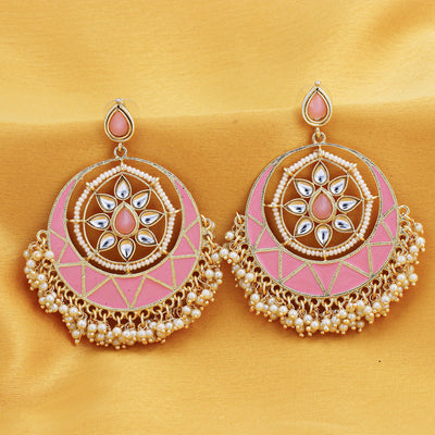 Sukkhi Dazzling Pearl Gold Plated Kundan Meenakari Chandbali Earring for Women