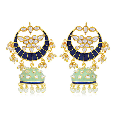 Sukkhi Sparkling Pearl Gold Plated Kundan Meenakari Chandbali Earring for Women