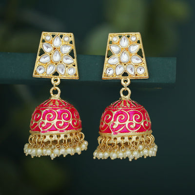 Sukkhi Gorgeous Pearl Gold Plated Kundan Meenakari Jhumki Earring for Women