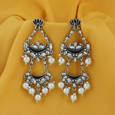 Sukkhi Glorious Pearl Oxidised Kundan Lotus Meenakari Chandelier Earring For Women